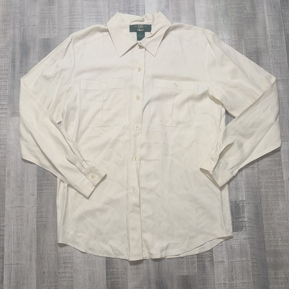 Vintage Orvis Silk Button Shirt Ladies Small Beige Prep Casual Outdoor Women 90s